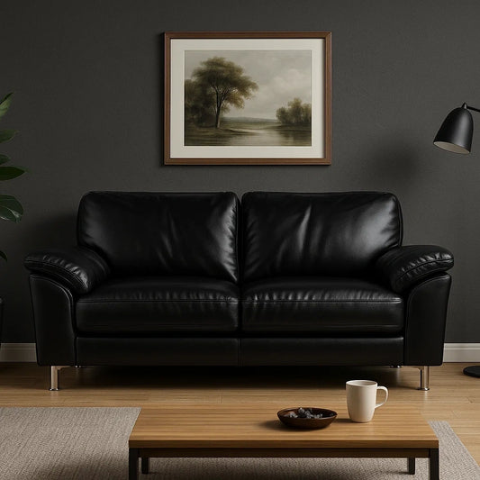 Sofá de 2 plazas en piel auténtica negra con patas cromadas modernas