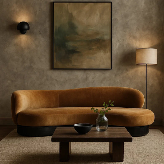 Sofá curvo de 3 plazas en terciopelo marrón con base negra elegante