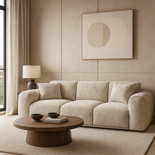 Sofá moderno de 3 plazas en tela beige con cojines incluidos y diseño minimalista