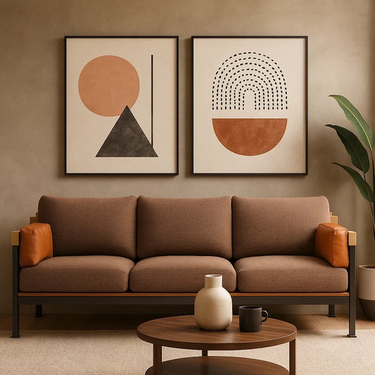 Sofá industrial de 3 plazas en tela marrón con estructura metálica y detalles en cuero