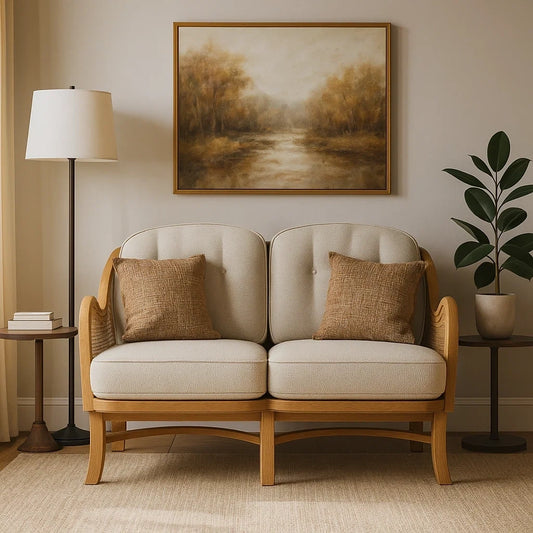 Sofá de Madera Natural de Dos Plazas con Cojines Beige y Almohadas Decorativas