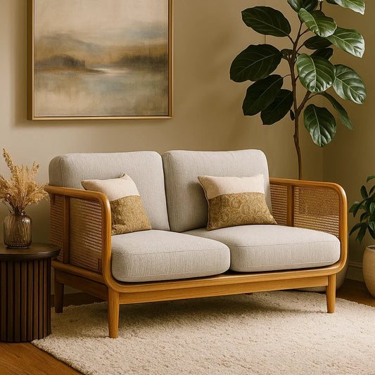 Sofá de Dos Plazas de Madera con Paneles de Ratán y Cojines Beige