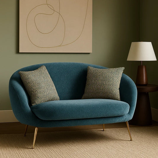 Sofá de Dos Plazas Tapizado en Terciopelo Azul con Patas Doradas y Cojines Decorativos