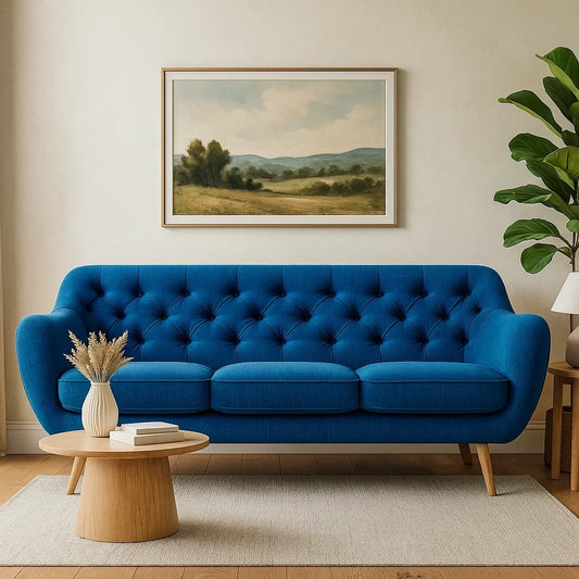 Sofá de Tres Plazas en Tela Azul con Respaldo Acolchado y Patas de Madera