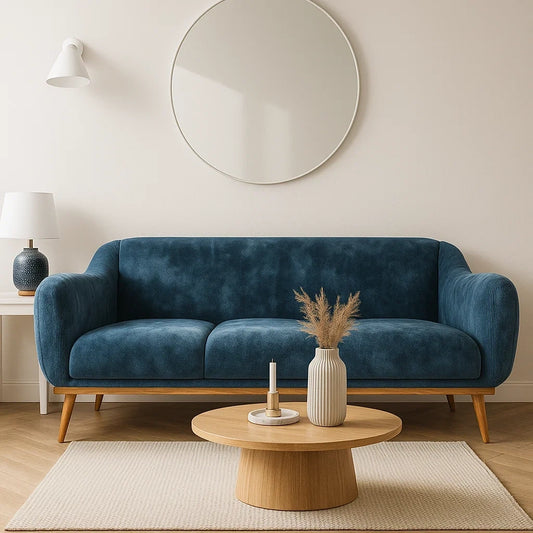 Sofá de Tres Plazas en Tela Azul Terciopelo con Patas de Madera Maciza
