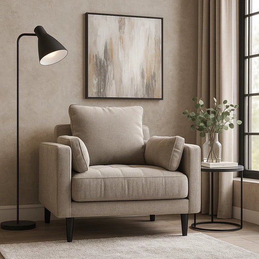 Sillón Individual Moderno en Tela Gris con Patas de Madera Negra