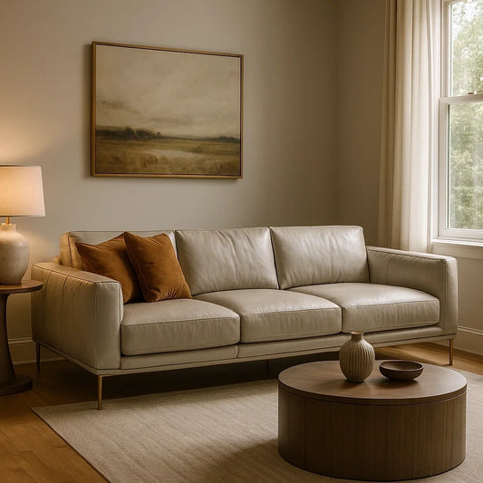 Sofá de 3 Plazas Moderno en Piel Beige con Patas Metálicas Doradas
