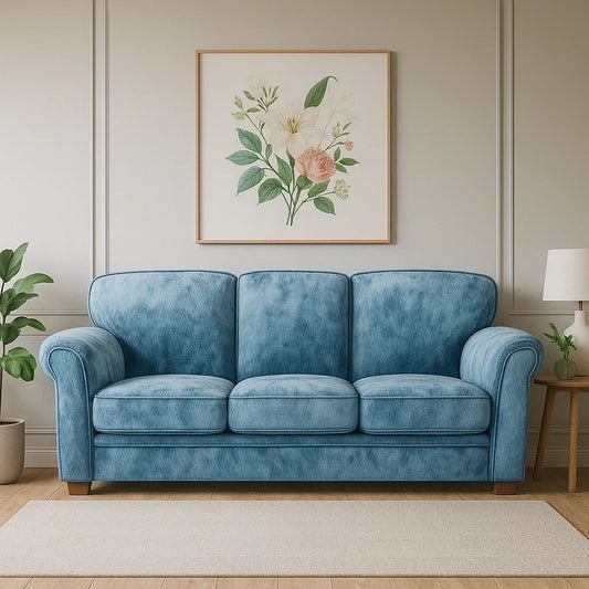 Sofá de 3 Plazas Clásico en Tela Azul Claro con Brazos Redondeados