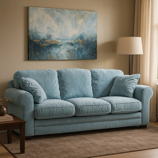Sofá de 3 Plazas en Tela Azul Claro con Cojines Acolchados