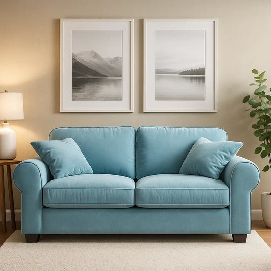 Sofá de 2 Plazas en Tela Azul Claro con Cojines Acolchados