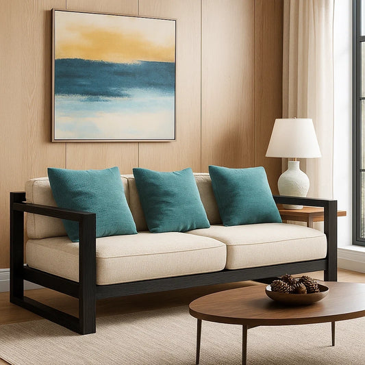 Sofá Moderno de 3 Plazas con Estructura Negra y Cojines Azul Verdoso