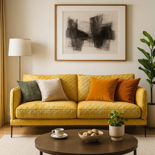 Sofá Acolchado Amarillo de 3 Plazas con Cojines Decorativos