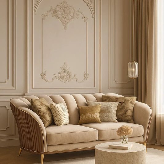 Sofá de Lujo Beige y Marrón con Patas Doradas y Cojines Decorativos