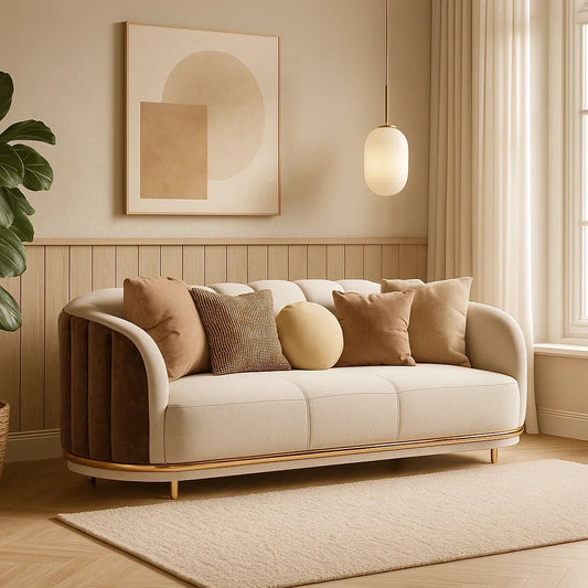 Sofá Moderno Beige y Marrón con Base Dorada y Cojines Decorativos