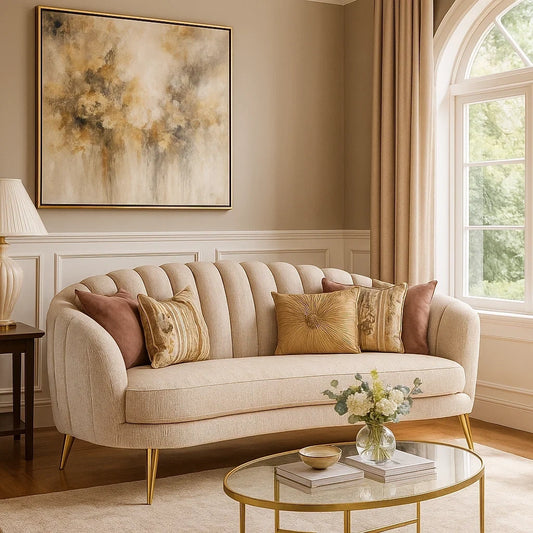 Sofá Elegante Beige con Patas Doradas y Cojines Decorativos de Lujo