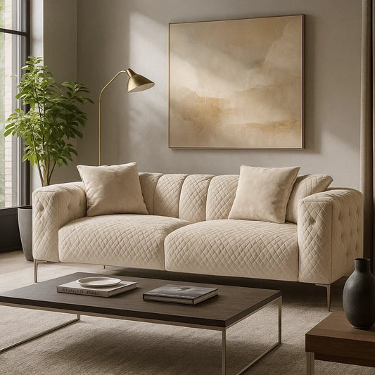 Sofá Moderno Beige Acolchado con Patas Metálicas y Cojines Incluidos