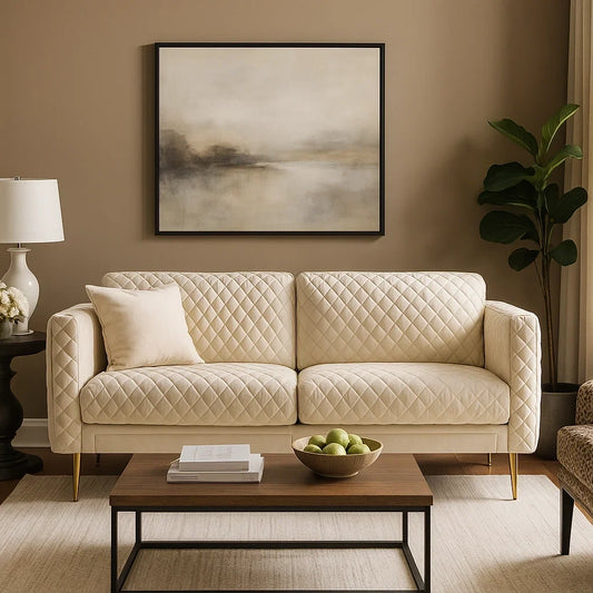 Sofá Moderno Beige Acolchado con Patas Doradas y Cojines Decorativos