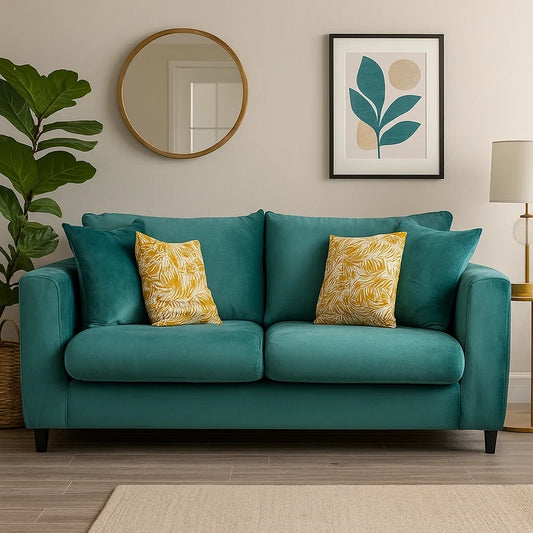 Sofá Moderno de Terciopelo Azul Turquesa con Cojines Decorativos