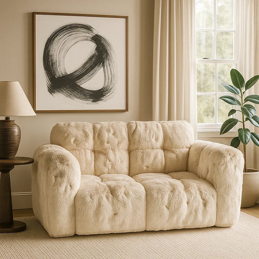 Sofá Moderno de Pelo Sintético Beige de Dos Plazas