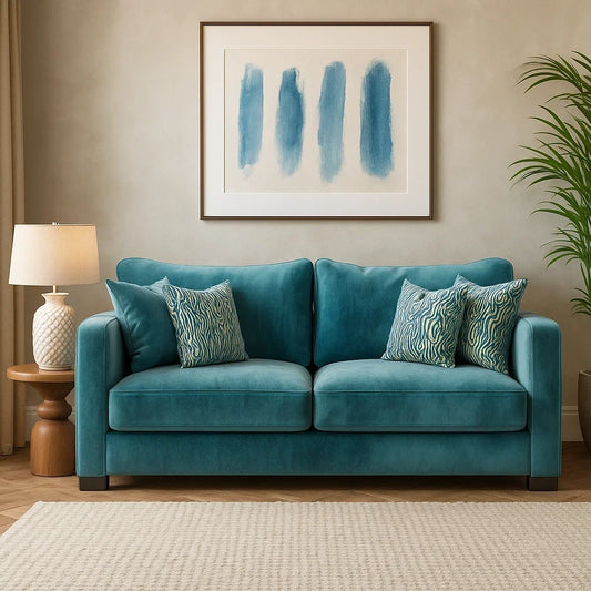 Sofá Moderno de Terciopelo Azul Turquesa de Dos Plazas con Cojines Decorativos