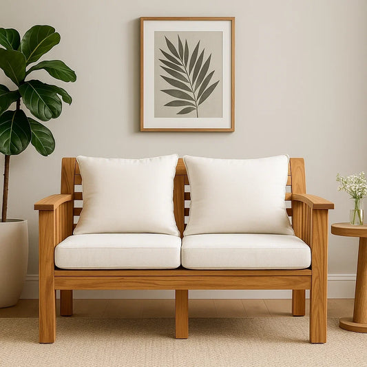 Sofá de Exterior de Madera de Teca con Cojines Blancos de Dos Plazas