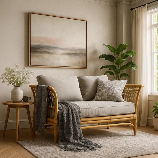 Sofá de Bambú de Dos Plazas con Cojines Grises