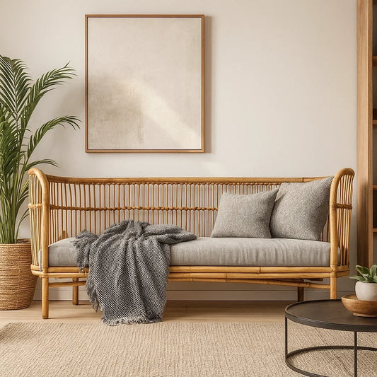 Sofá de Bambú de Tres Plazas con Cojines Grises