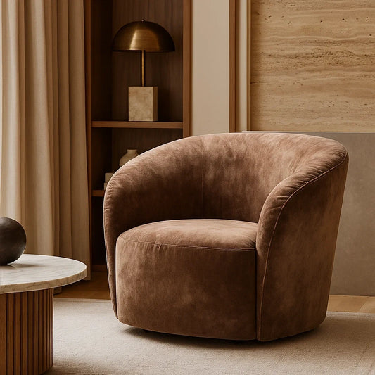 Butaca Redonda de Terciopelo Marrón con Respaldo Bajo