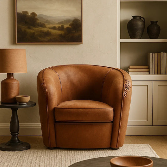 Butaca Redonda de Piel Sintética Marrón con Respaldo Bajo