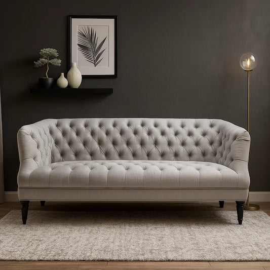 Sofá Clásico de 3 Plazas en Terciopelo Gris con Diseño Capitonné