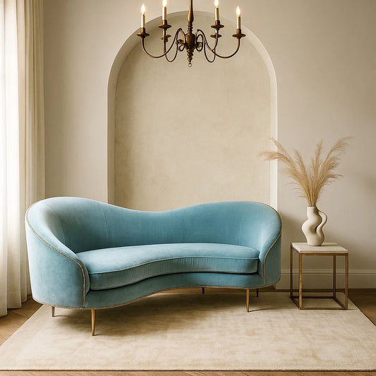 Sofá Curvo de 2 Plazas en Terciopelo Azul Claro con Patas de Latón