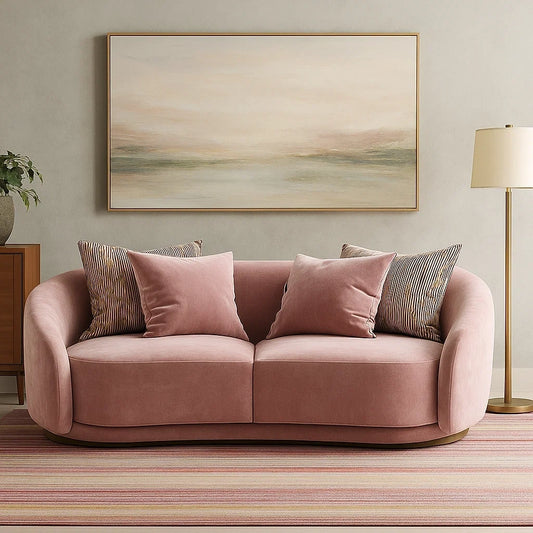 Sofá Moderno Curvo de 3 Plazas en Terciopelo Rosa con Cojines Decorativos