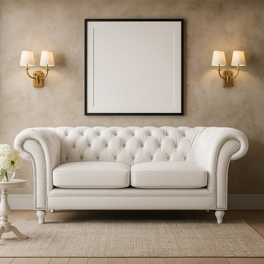 Sofá Clásico Chesterfield de 2 Plazas en Piel Blanca con Botonadura