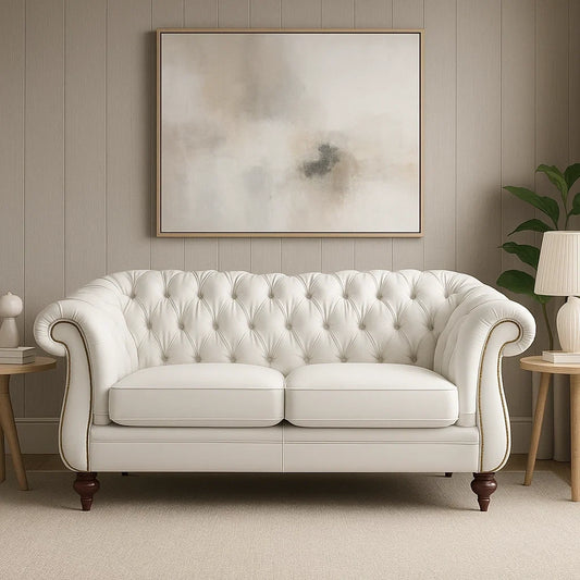 Sofá Chesterfield de 2 Plazas en Piel Blanca con Patas de Madera
