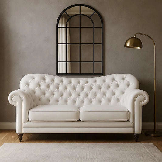 Sofá Chesterfield Clásico de 2 Plazas en Piel Blanca con Patas de Madera