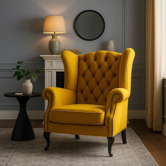 Sillón Orejero Clásico de Terciopelo Amarillo con Patas de Madera