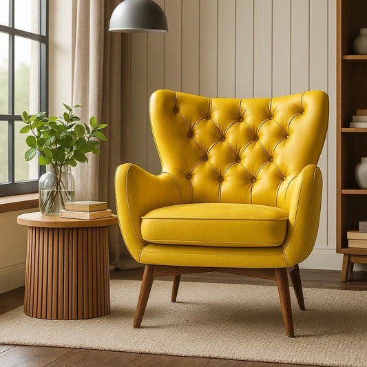 Sillón Moderno de Terciopelo Amarillo con Patas de Madera