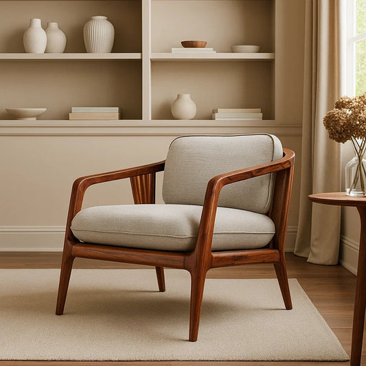 Sillón Moderno de Madera Maciza con Cojines de Tela Beige