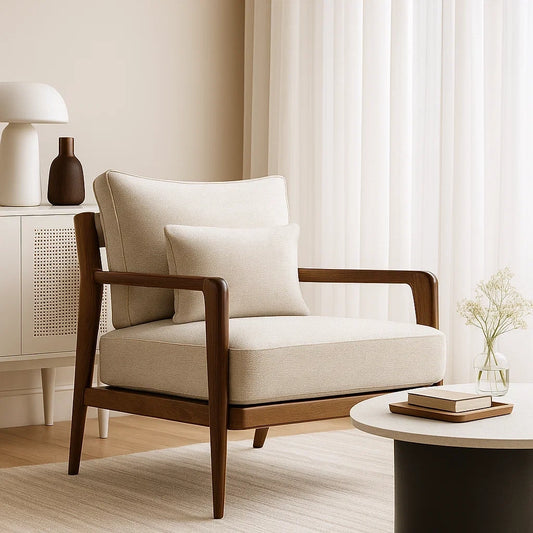 Sillón Moderno de Madera Maciza con Cojines Beige