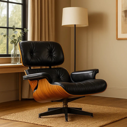 Sillón de Descanso Moderno en Madera y Cuero Negro con Base Giratoria