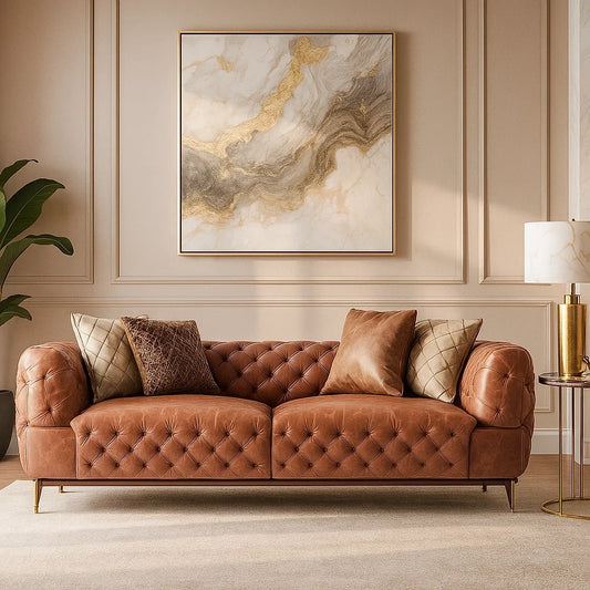 Sofá Chesterfield Moderno de Piel Marrón con Detalles Capitonné