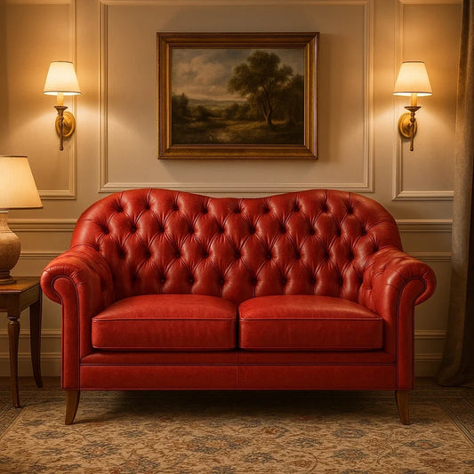 Sofá Clásico de 2 Plazas en Cuero Rojo