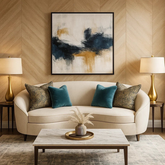 Sofá Curvo de 3 Plazas en Tela Beige con Cojines Decorativos