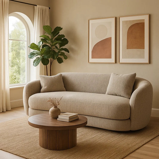 Sofá Curvo de 3 Plazas en Tela Gris Claro con Cojines