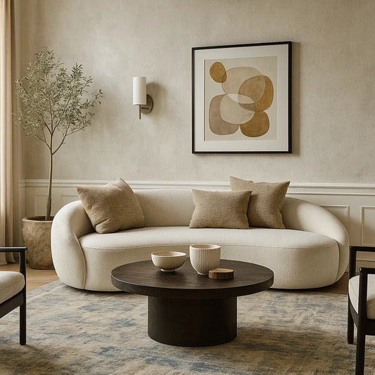 Sofá Curvo de 3 Plazas en Tela Beige con Cojines Decorativos