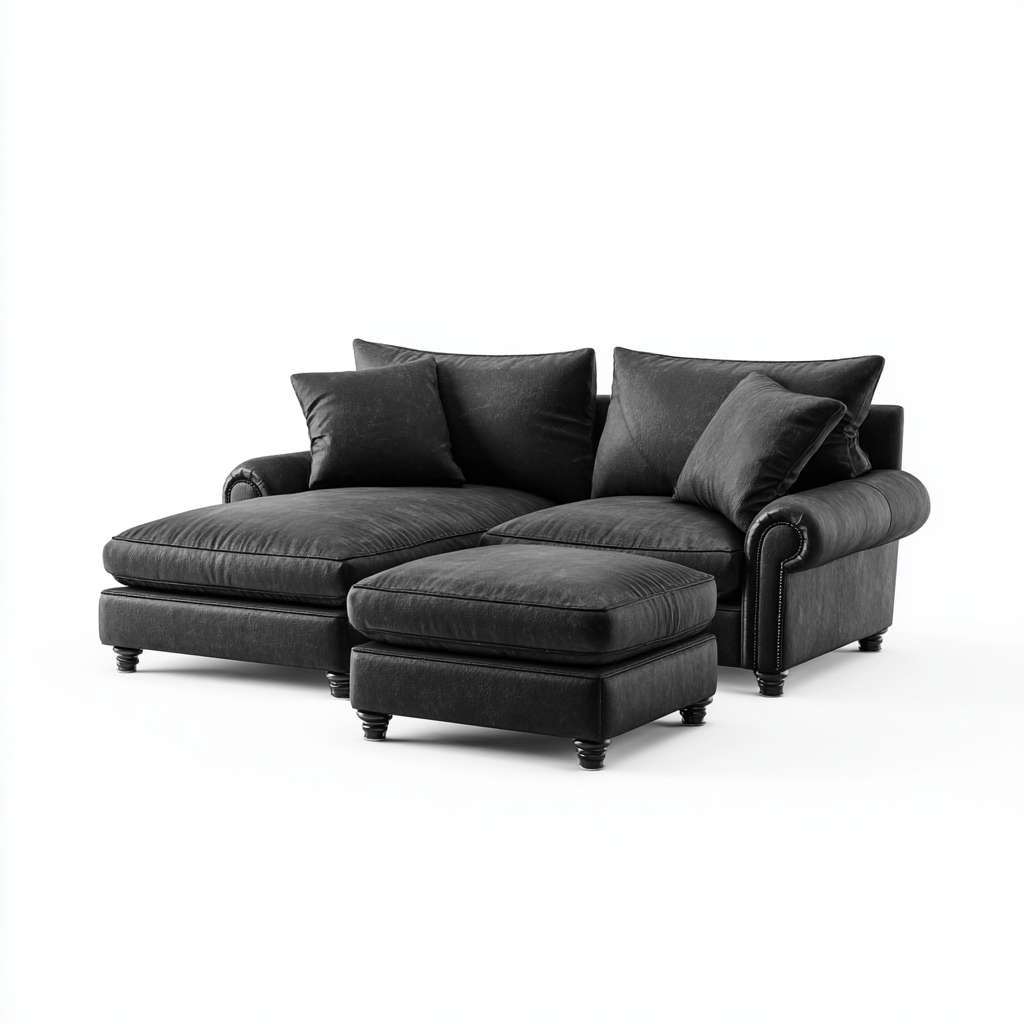 Sofá Chaise Longue de 3 Plazas en Cuero Negro con Reposapiés