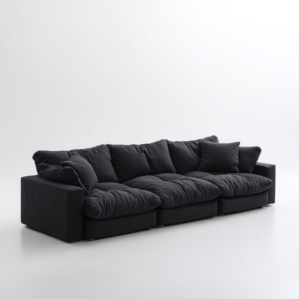 Sofá Modular de 4 Plazas en Tela Negra con Cojines Acolchados