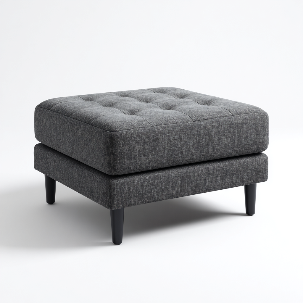 Taburete Otomano de Tela Gris Oscuro con Diseño Acolchado y Patas de Madera