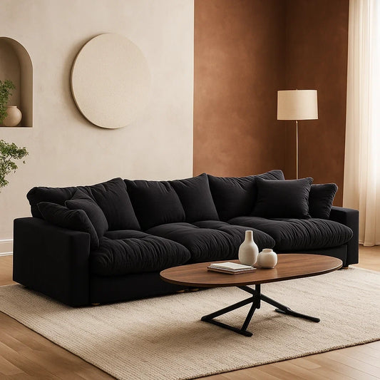 Sofá Modular de 4 Plazas en Tela Negra con Cojines Acolchados