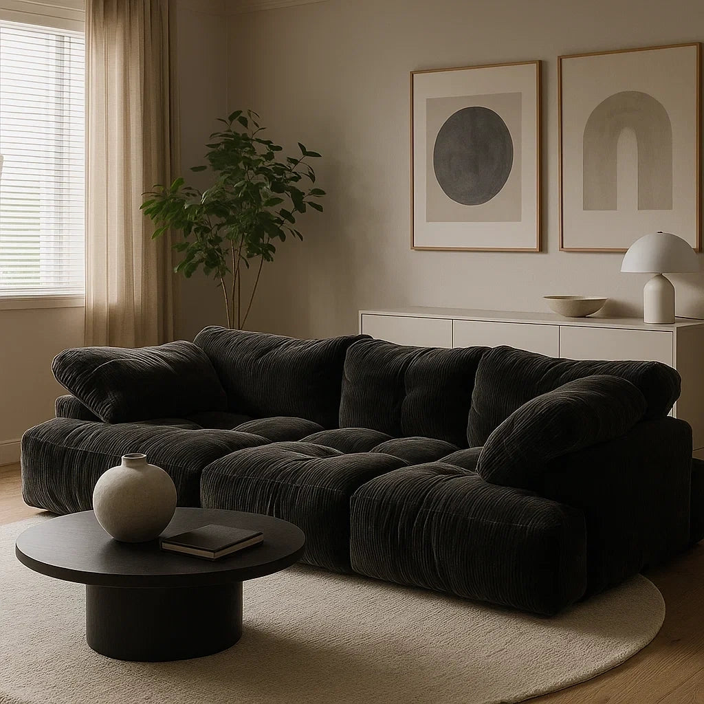 Sofá Modular de 4 Plazas en Terciopelo Negro Acolchado con Cojines
